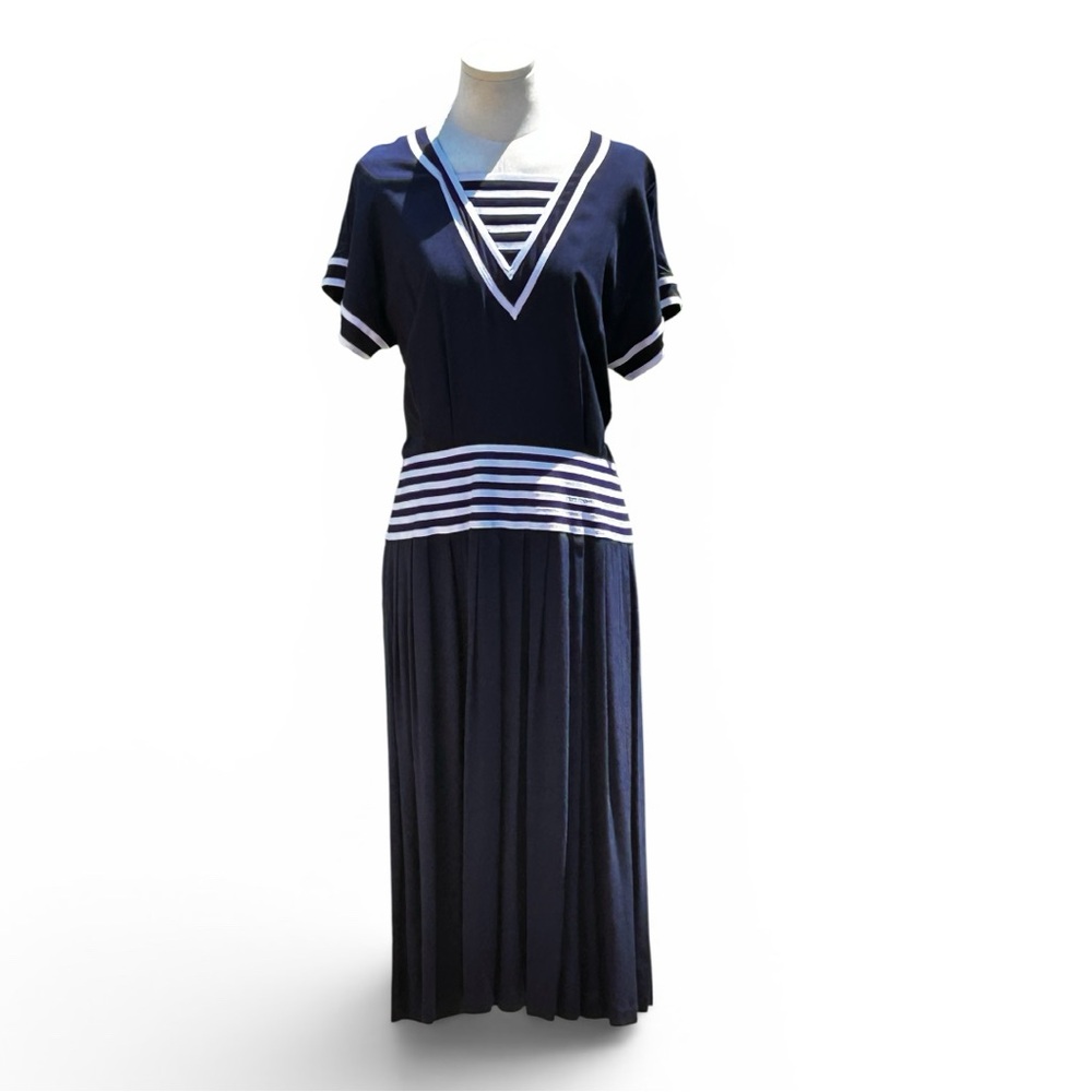 Vintage Navy Blue & White Sailor Dress Pleated Midi 80’s-90’s Like New Sz 10p